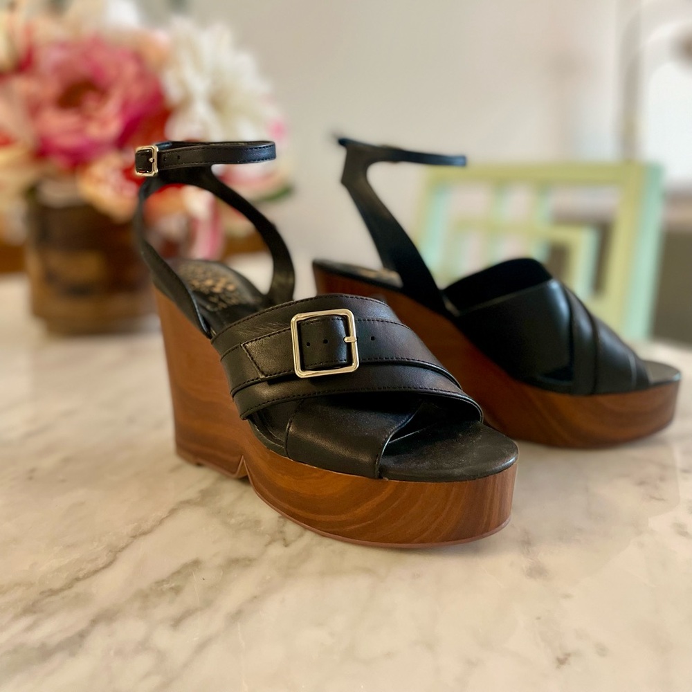 Vince Camuto Black Leather Wedges with Brown Wood Grain Sole